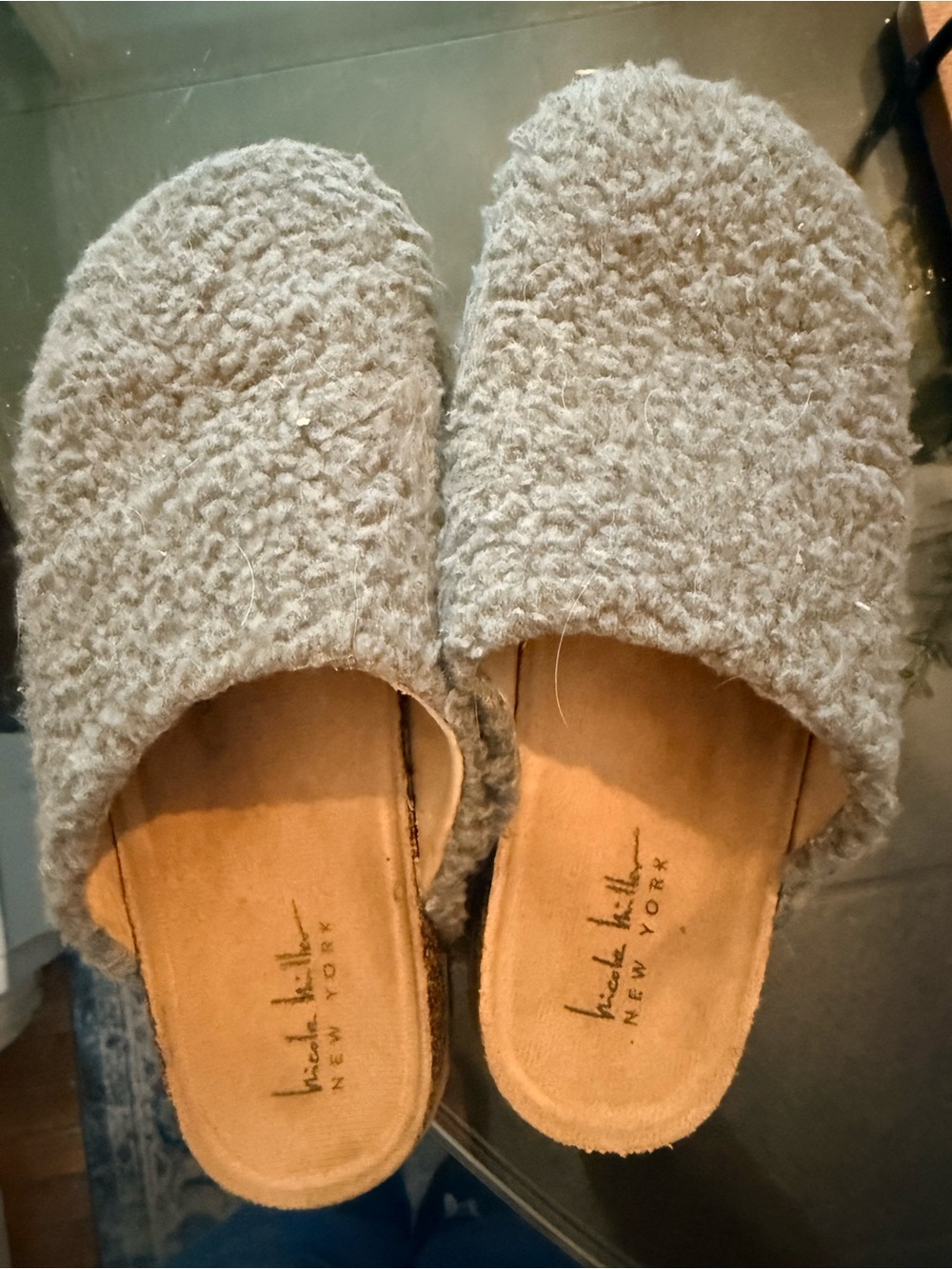 Nicole Miller Light Gray Fuzzy Slip-On Mules